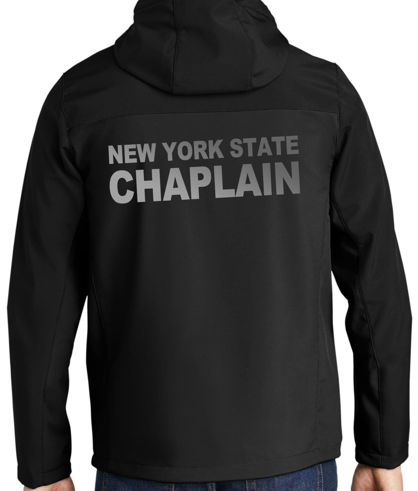 New York State Chaplain black soft shell jacket with reflective back print