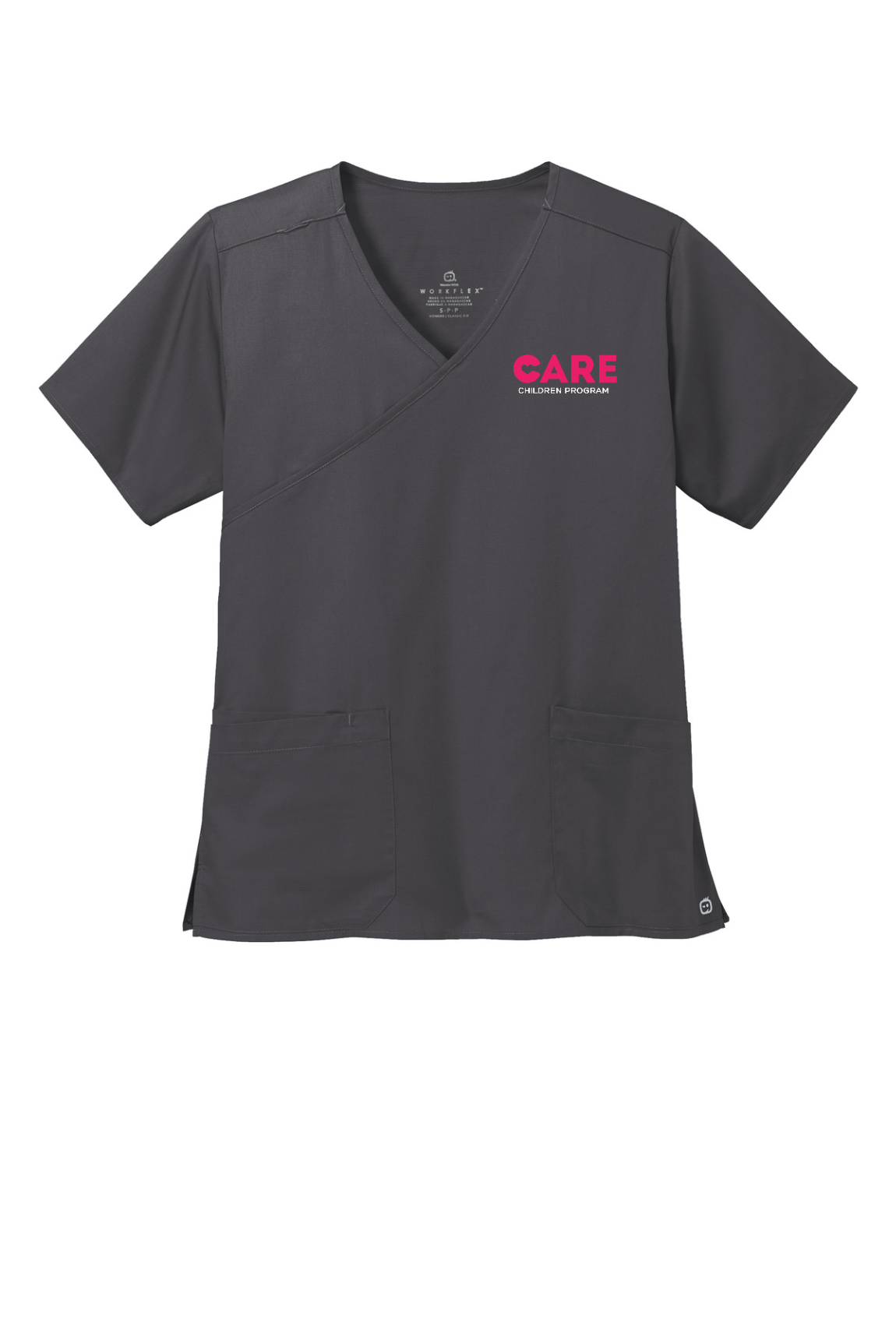 CARE Children Program grey scrub top with pink embroidered logo