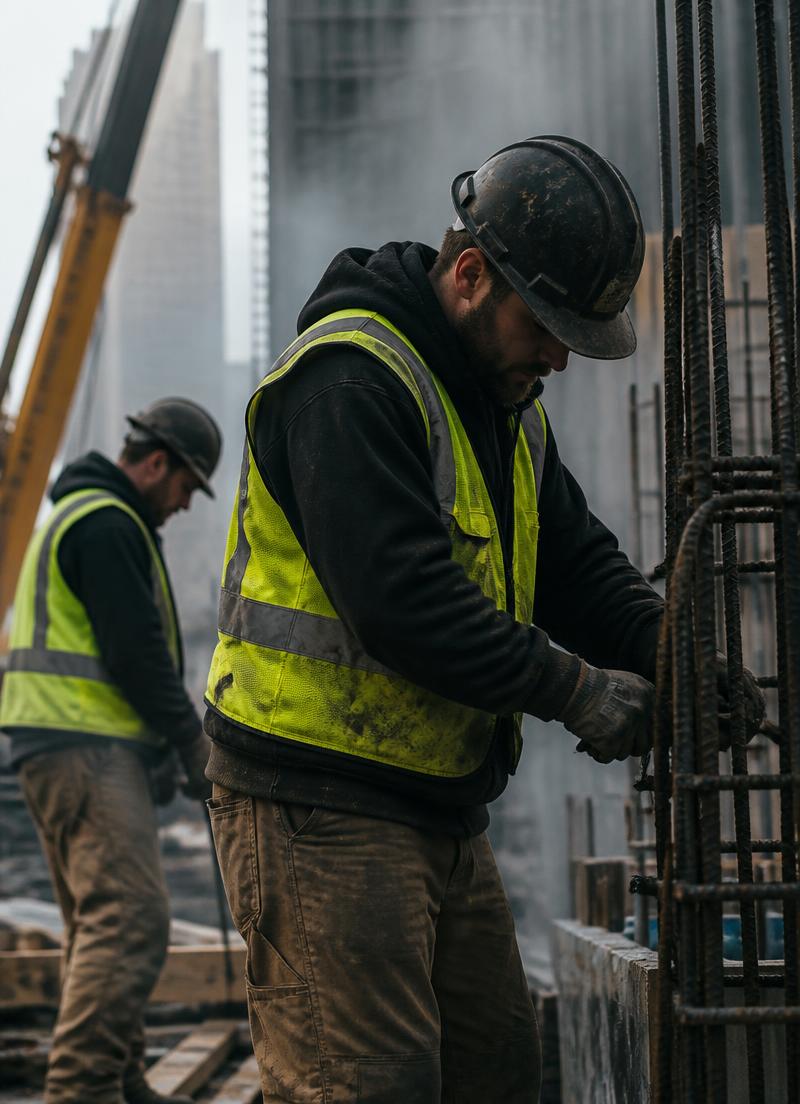 Construction workers in high-visibility vests and branded hoodies on site