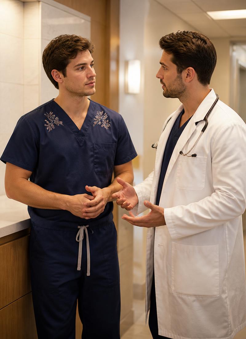 Medical staff in embroidered scrubs and lab coat