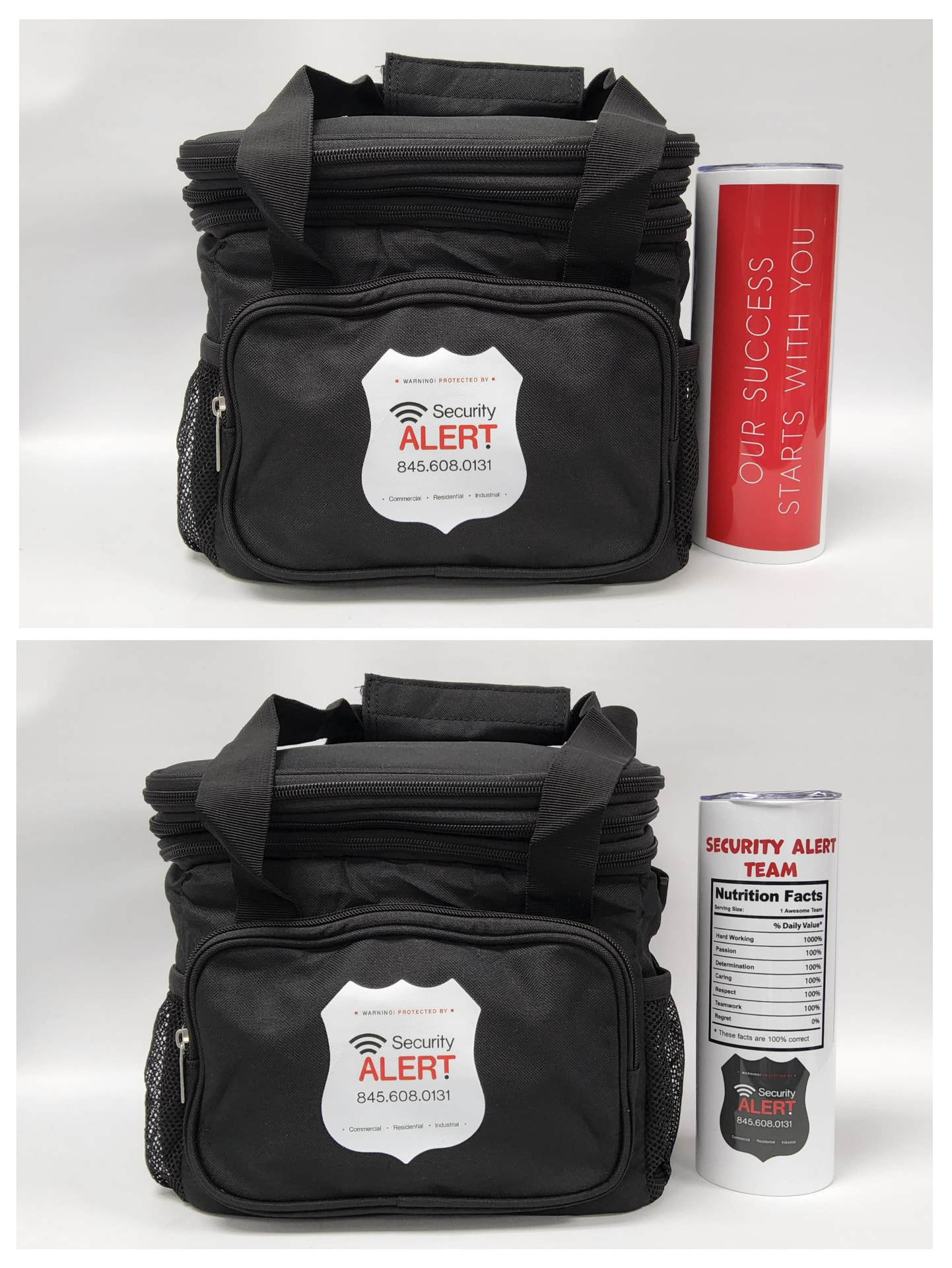 Security Alert branded black cooler bags and printed tumblers