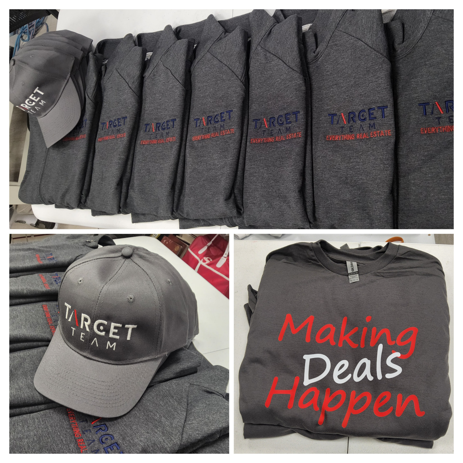 Target Team grey embroidered crewnecks, cap and printed sweatshirt