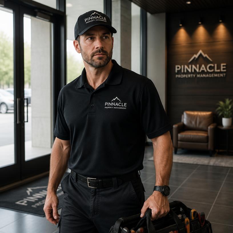 Property maintenance staff member in an embroidered branded polo and cap
