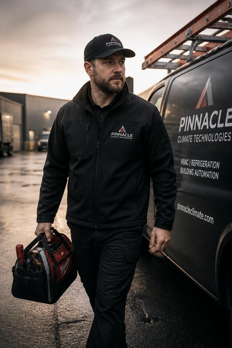 Field service technician wearing a branded embroidered work jacket beside a work van