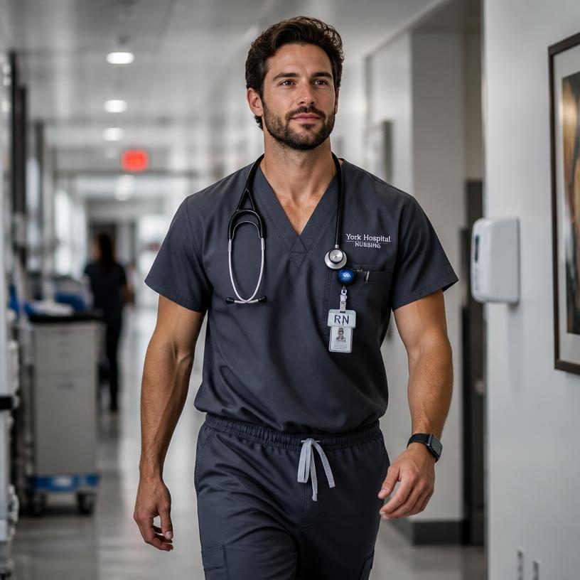 Nurse wearing embroidered scrubs in a hospital corridor