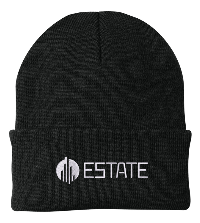 Estate black cuffed beanie with white embroidered logo