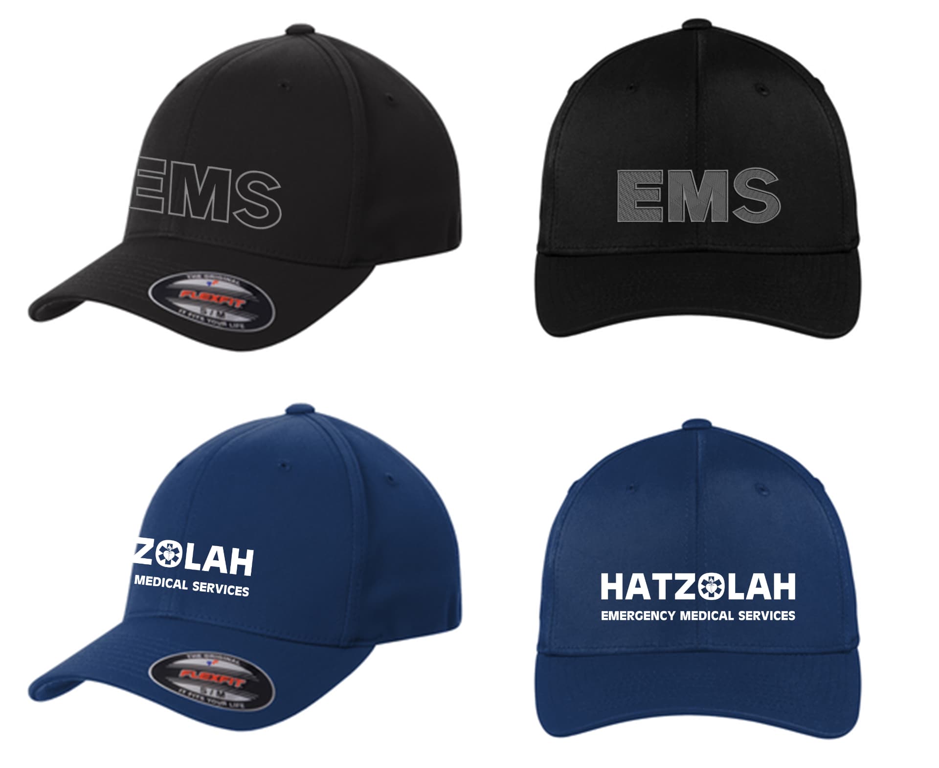 EMS and Hatzolah Emergency Medical Services embroidered caps in black and navy