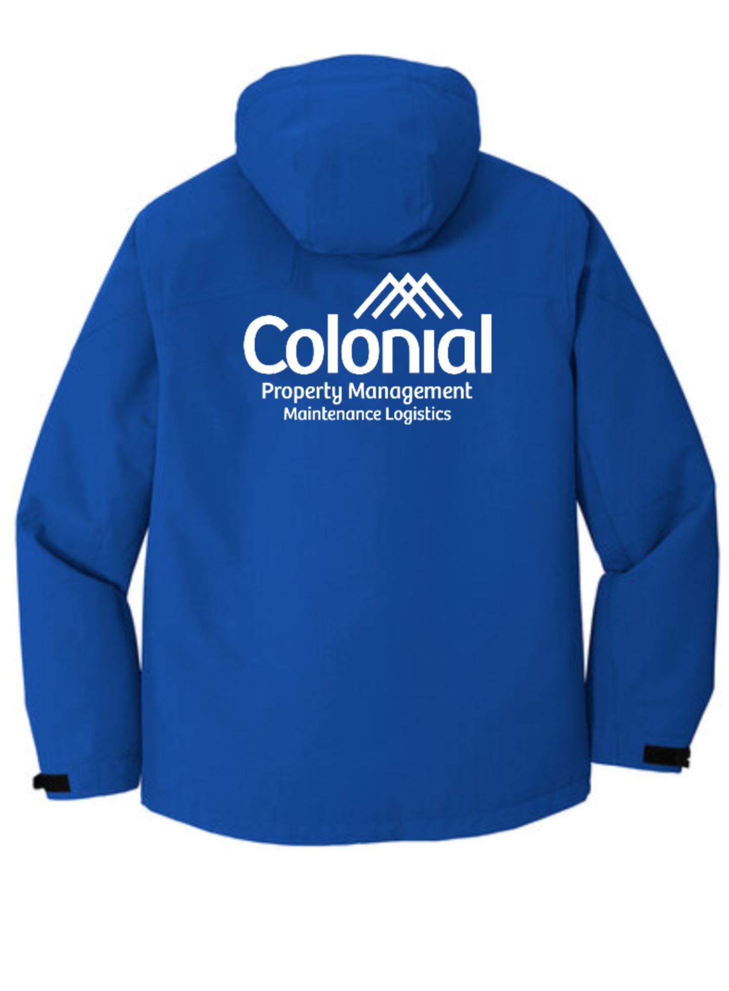 Colonial Property Management royal blue hooded jacket with full-back printed logo