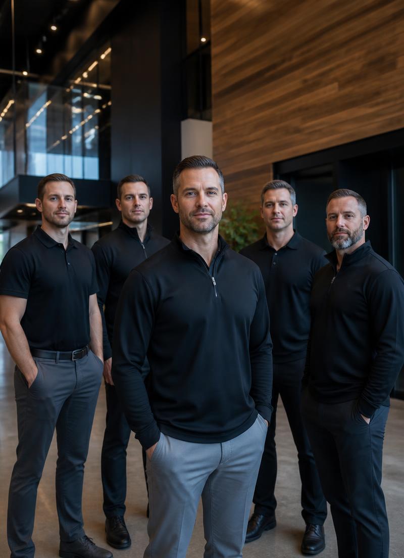 Corporate team in matching branded black polos and quarter-zips