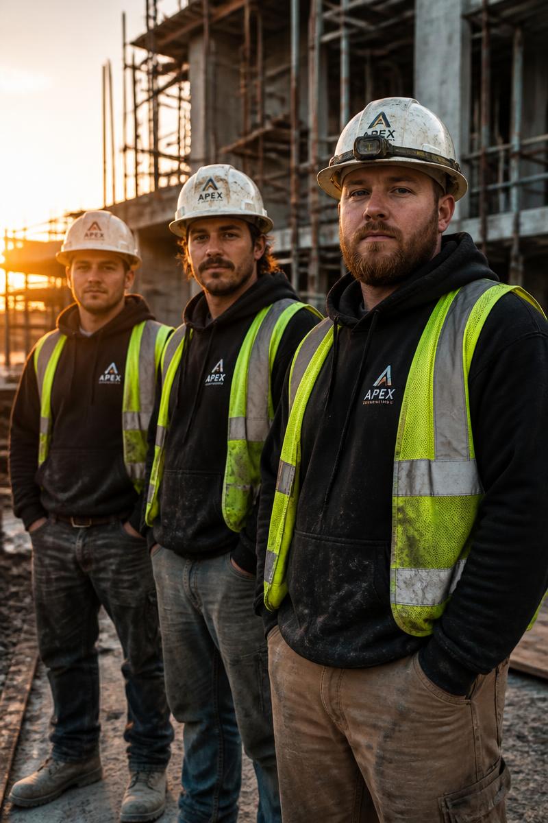 Construction crew wearing branded hoodies and high-visibility vests on a job site