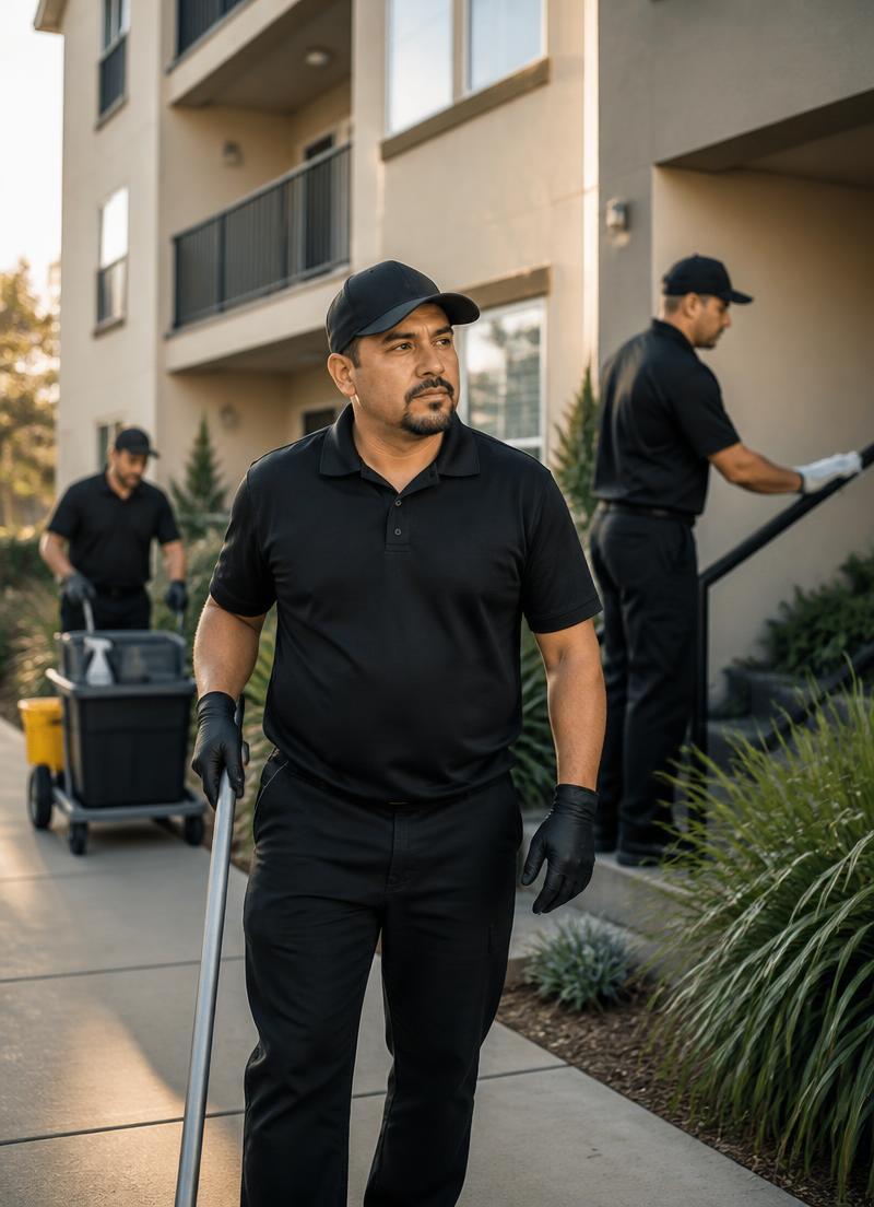 Property maintenance crew in matching black branded polos and caps