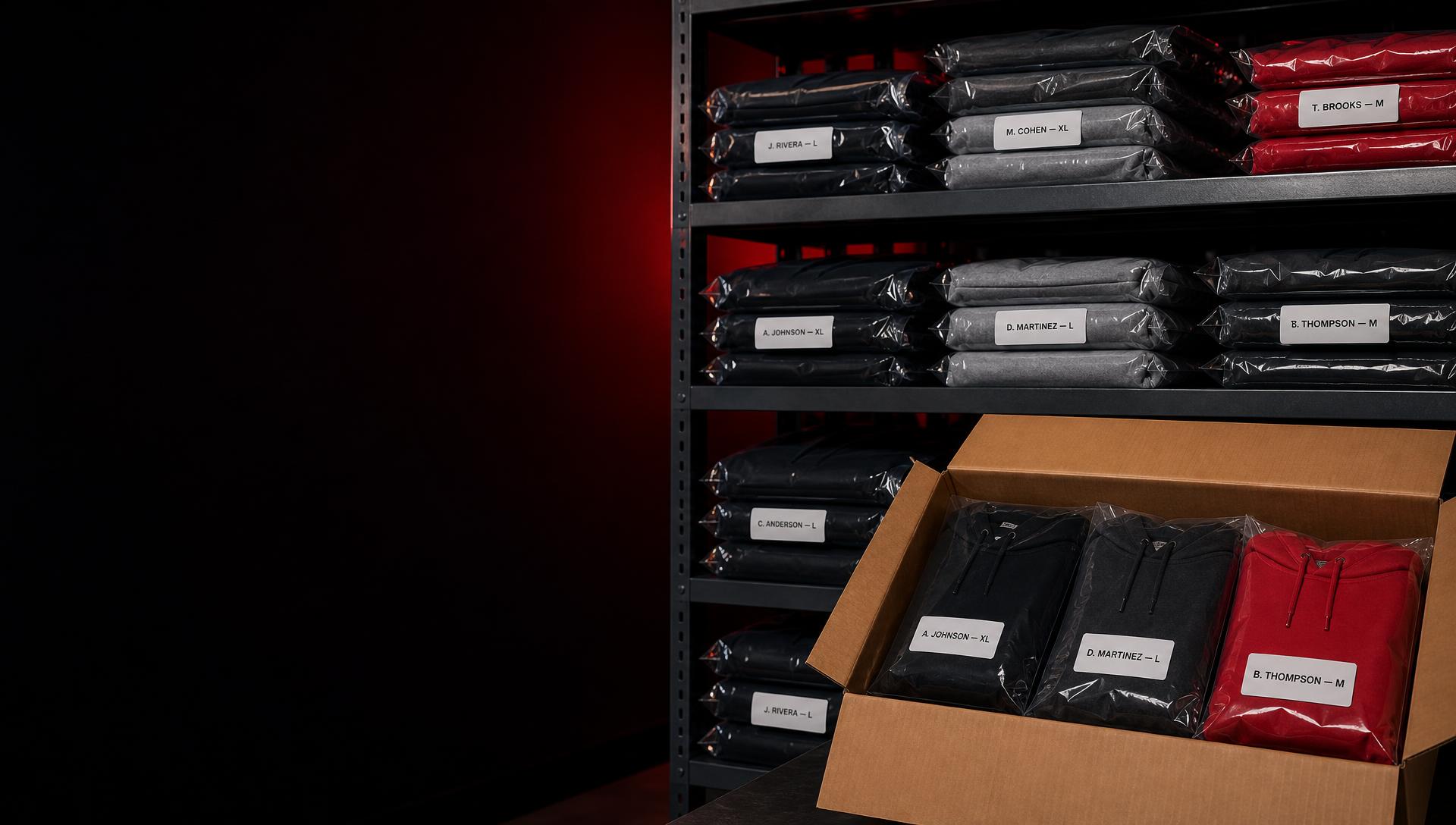 Folded black, charcoal and red branded hoodies individually sealed in clear bags with employee name and size labels, stacked on warehouse shelving beside an open shipping box