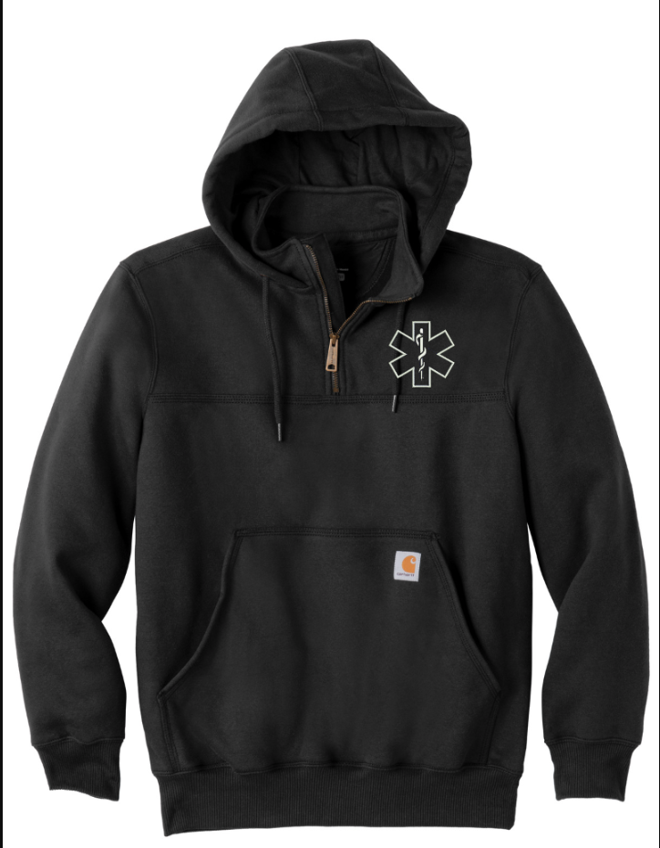 EMS black quarter-zip hoodie with Star of Life emblem
