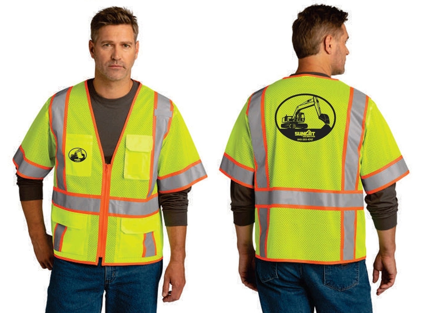 ANSI safety vest with Sunlit Excavators logo printed on back